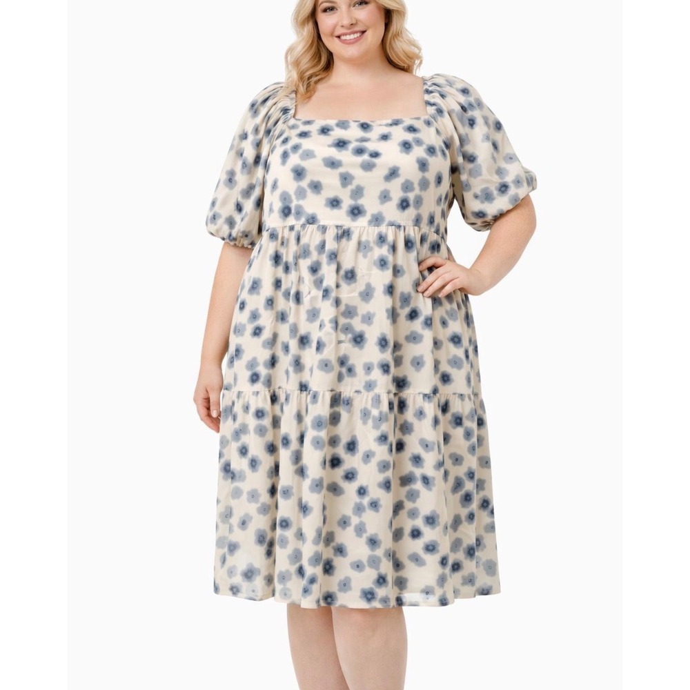Polagram Women Floral Puff Sleeve Tiered Midi Dress 2XL Smocked Cottagecore Boho
